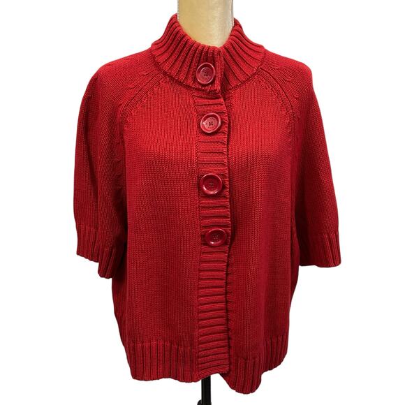 Michael Michael Kors Cotton Red Cardigan Knit Sweater Short Sleeves Button 1X - Picture 1 of 10